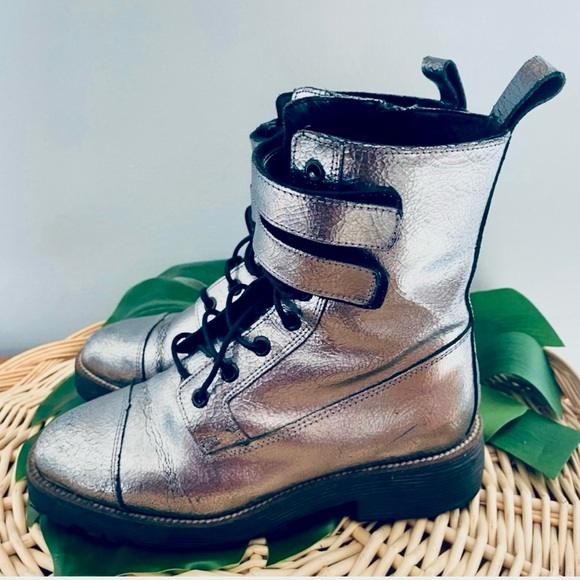 Shellys London Tyra Silver Metallic Crinkled leather Combat Boots Buckle Size 36 - Picture 3 of 16